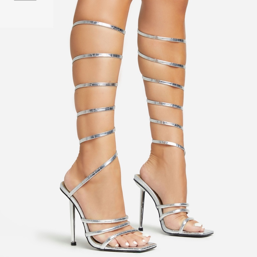 EgoShoes: WRAP AROUND STILETTO HEEL METALLIC SILVER, CROC PRINT FAUX LEATHER
